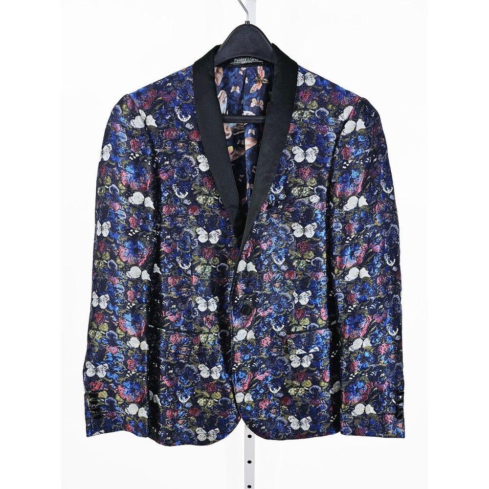 Paisley & Gray 38R Moth Butterfly Blue Metallic Satin Men's Jacquard Blazer Slim